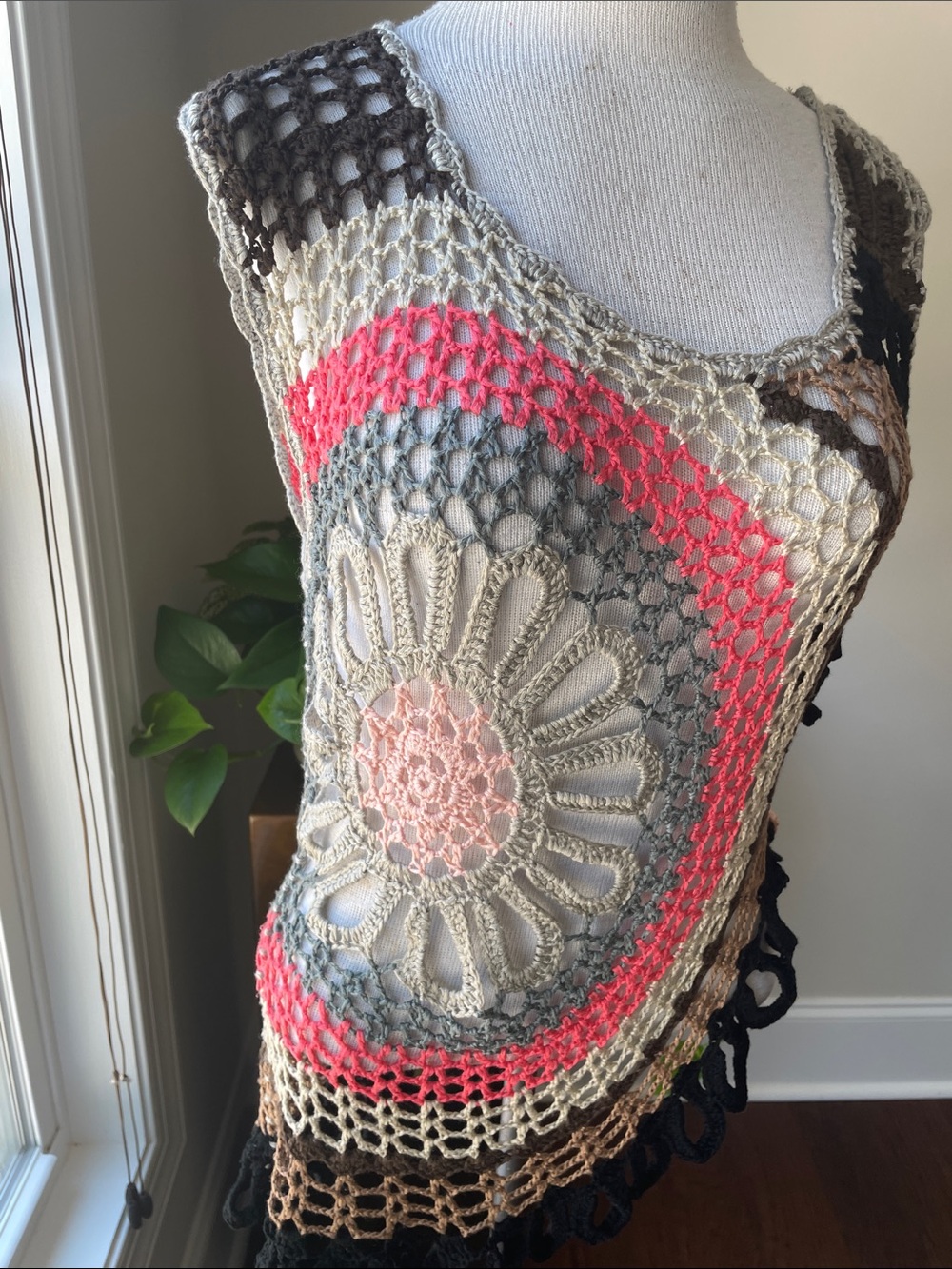 Crochet Floral Swim Coverup Tunic in Coral and Neutral